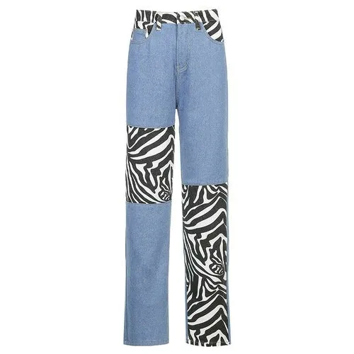 Zebra Striped Patched Straight Y2K Jeans